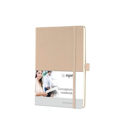 Abbildung von SIGEL CO651 Premium Notizbuch liniert, A5, Hardcover, beige, aus nachhaltigem Papier Conceptum mit Seitenzahlen, Inhaltsverzeichnis, Stiftschlaufe, Falttasche
