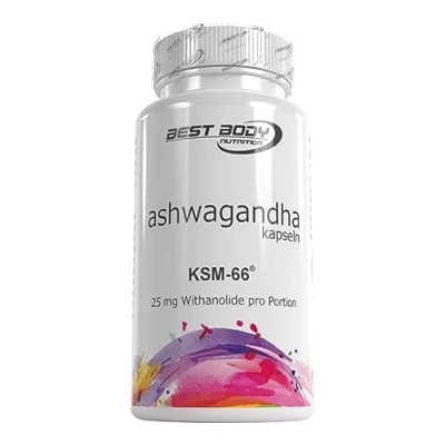 Abbildung von Best Body Nutrition Ashwagandha Kapseln mit Qualitäts Rohstoff KSM 66® 500 mg Ashwagandhawurzelextrakt pro Portion 60 Kapseln/Dose