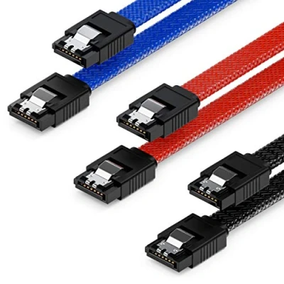 Abbildung von deleyCON 3x 50cm SATA 3 Nylon Kabel Set Datenkabel 6 Gbit/s Anschlusskabel Verbindungskabel Mainboard HDD SSD Festplatte 2 S ATA Stecker Gerade Schwarz Blau Rot