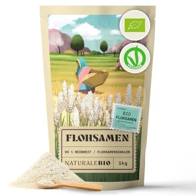 Abbildung von Bio Flohsamenschalen, 99% Reinheit, 1kg natürliche Psyllium Samenschalen, Naturbelassen, rein, Ballaststoffreich, Vegan, Zum Auflösen in Wasser, Getränken und Säften, NaturaleBio.