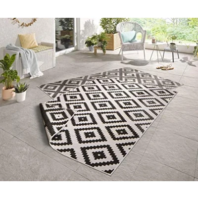 Abbildung von NORTHRUGS Outdoor Teppich Malta Wendeteppich Wetterfest Modernes Geometrisches Muster Läufer für Balkon Terrasse Garten Wintergarten Wohnzimmerteppich Wasserfest, Polypropylen, Schwarz,Creme, 80x150cm