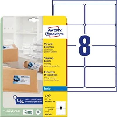 Abbildung von AVERY Zweckform J8165 25 Versandetiketten/Versandaufkleber (200 Etiketten, 99,1x67,7mm auf A4, bedruckbar, selbstklebend, für Inkjet Drucker, DIN B4/C4 Umschläge) Blatt, weiß