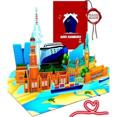 Abbildung von Liebessa 3D Pop Up Karte Hamburg, handgemacht aus hochwertigem Papier, mit Sehenswürdigkeiten, Notizkarte und Umschlag (HAMBURG)
