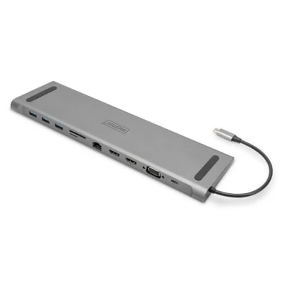 Abbildung von DIGITUS USB C Docking Station für Laptops 11 Ports 2X HDMI, 1x VGA Ultra HD 4k30Hz 3X 3.0, Typ RJ45 LAN, Klinke Audio, Kartenleser Silber