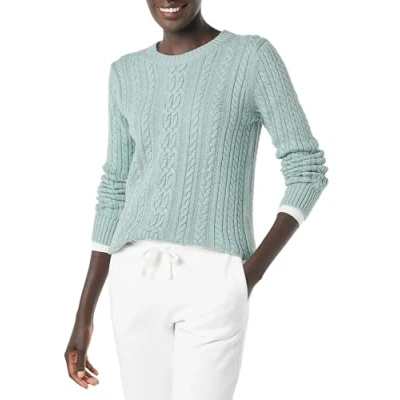 Abbildung von Amazon Essentials Damen Fisherman Cable Langarm Pullover mit Rundhalsausschnitt (in Übergröße erhältlich), Salbeigrün Meliert, XL