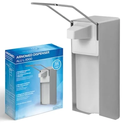 Abbildung von 1x ARNOMED Desinfektionsspender Aluminium, Seifenspender für 1000ml, langer Armhebel, zur Wandbefestigung, Eurospender Desinfektionsmittel, Soap Dispenser, Desinfektionsmittelspender