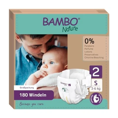 Abbildung von Bambo Nature Baby Windeln Größe 2 (3 6kg) 180 St. Monatsbox Premium Diapers mit verbesserter Auslaufsicherheit Ultimativen Komfort &amp; Freiheit für Neugeborene Dermatologisch getestet Nappies