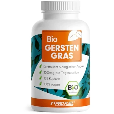 Abbildung von Bio Gerstengras Kapseln 365x optimal hochdosiert mit 3000 mg Pulver aus kontrolliert biologischem Anbau laborgeprüft Zertifikat Vorratspackung für 60 Tage