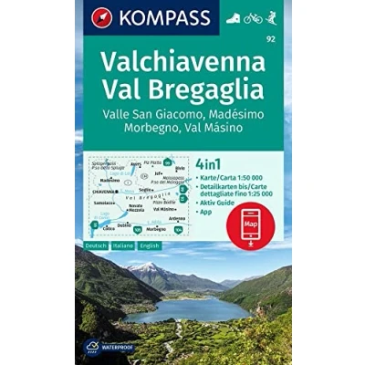 Abbildung von KOMPASS Wanderkarte 92 Chiavenna/Val Bregaglia 1:50.000: 4in1 mit Aktiv Guide und Detailkarten inklusive Karte zur offline Verwendung in der App. Fahrradfahren. Skitouren.