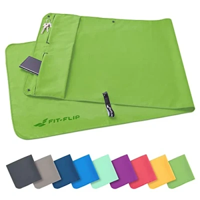 Abbildung von Fit Flip Fitness Handtuch mit Magnet und Reißverschluss Tasche Gym aus Mikrofaser für Sport Kompakt &amp; Schnelltrocknend Sporthandtuch Fitnessstudio Grün 130x48cm