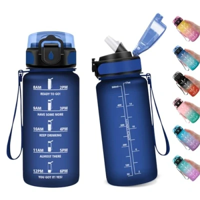 Abbildung von Trinkflasche Sport 500ml, mit Strohhalm, Wasserflasche Auslaufsicher Zeitmarkierung, Trinkflaschen Kohlensäure Geeignet, Sportflasche für Fitness, Gym, Schule, Outdoor, Yoga