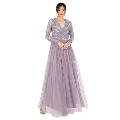 Abbildung von Women&#039;s Maxi Dress Ladies Embellished Wrap Tulle Frilly V Neck Long Sleeve for Wedding Guest Bridesmaid Prom Ball Gown, Moody Lilac, 44