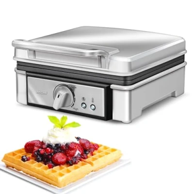 Abbildung von MPM MGO13 Professionelles Waffeleisen für 2 Dicke Belgische Waffeln, Antihaftbeschichtete Platten, Temperaturregelung, Edelstahlgehäuse, 1400W