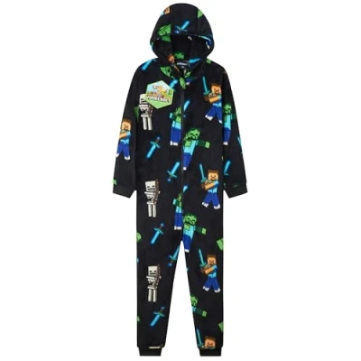 Abbildung von Minecraft Jungen Fleece Jumpsuit mit Kapuze Gamer Geschenke für Kinder (Schwarz AOP, 7 8 Jahre)