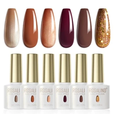 Abbildung von ROSALIND UV Nagellack,6 Farben Braun Schokoliert Glitzer Brauntön Herbstfarben Gel Gellack Kürbis Farbe Set Zimtschnecke Shellac Soak Off LED Nail Polish Maniküre Nageldesign Valentinstag