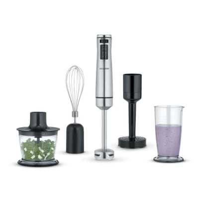 Abbildung von SEVERIN Stabmixer mit Premium Set, abnehmbarer Mixstab 4 Klingen Edelstahlmesser, Pürierstab, Schneebesen, Multizerkleinerer, Kartoffelstampfer und Mixbehälter, SM 3774