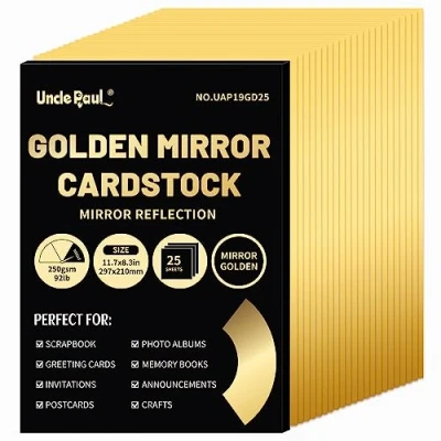 Abbildung von A4 Golden Mirror Kartonpapier, 25 Blatt 250 g/m²/92 lb metallisch reflektierendes Papier zum Basteln, Folienkarton für DIY Projekte, Geburtstagsdekoration UAP19GD25
