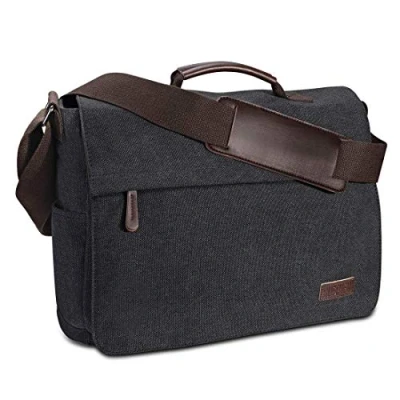 Abbildung von Ruschen Umhängetasche Herren aus Vintagem Segeltuch, Premium Herrentasche, Laptoptasche für 15,6 Zoll Laptop, Schultertasche/Kuriertasche/Messenger Bag, SCHWARZ
