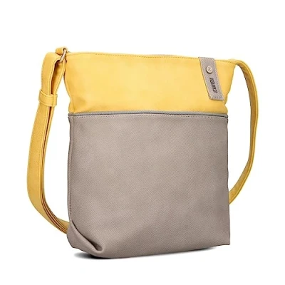 Abbildung von Zwei Damen Umhängetasche JANA J10 Crossbody Bag 5 Liter Handtasche im Canvas Stil Bicolor Design + passender Kosmetikbeutel/Geldbeutel gratis (lemon)
