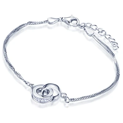 Abbildung von Yumilok Ineinander Verschlungene Ringe 925 Sterling Silber Zirkonia Charm Armband Armkette Doppel Ketten für Damen Frauen Mädchen, 6.3 7.3&quot; Verstellbar