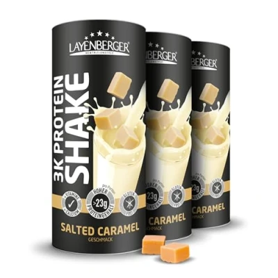 Abbildung von Layenberger 3K Protein Shake 77% Eiweiß und nur 5,7% Kohlenhydrate bei 11,5 g Zucker, (3x 360 g) Salted Caramel