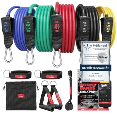Abbildung von Resistance Bands Set mit Trainings eBook Expander Tubes Bänder Widerstandsbandset: 5 Widerstandsbänder, Griffe, Türanker, Fußschlaufen Fitnessband Fitness