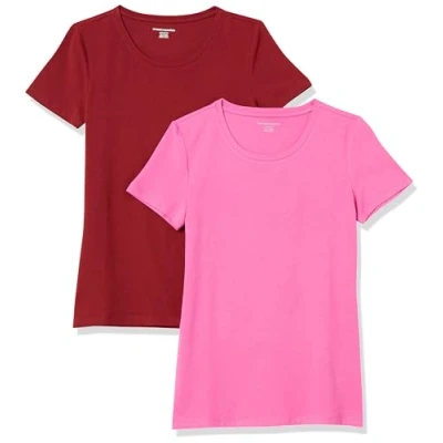 Abbildung von Amazon Essentials Damen Kurzärmeliges T Shirt mit Rundhalsausschnitt, Klassischer Schnitt, 2er Pack, Burgunderrot/Rosa, XL