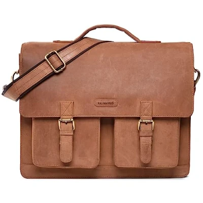 Abbildung von LEABAGS Leder Aktentasche Herren &amp; Damen I Echtleder Laptoptasche bis 15 Zoll Umhängetasche mit Schultergurt Messenger Bag Arbeitstasche Lehrertasche Nature Hellbraun