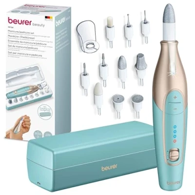 Abbildung von Beurer MP 84 Maniküre /Pediküreset, elektrische Nagelfeile mit Akku, 10 Aufsätze, LED Licht, inkl. Aufbewahrungsetui, bis zu 4400 U/min, Nagelset zur Hand und Fußpflege, Türkis