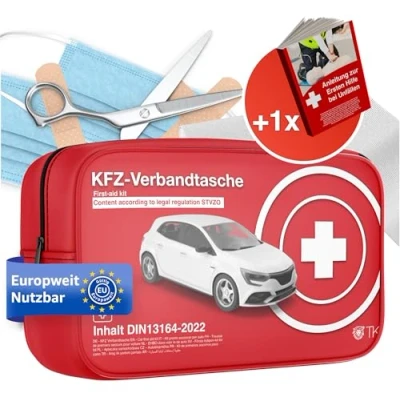 Abbildung von Verbandstasche KFZ mit Beatmungstücher Verbandskasten Auto nach aktueller Norm 2026 DIN13164