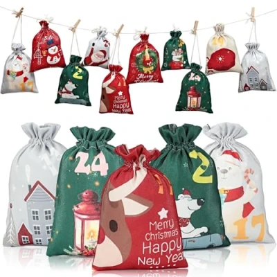 Abbildung von Adventskalender zum Befüllen, 2024 Weihnachten Advents Säckchen, Kinder DIY tüten, Geschenksäckchen 24er Set mit 1 24 Adventszahlen,DIY Stoffbeutel Weihnachtskalender Tüten