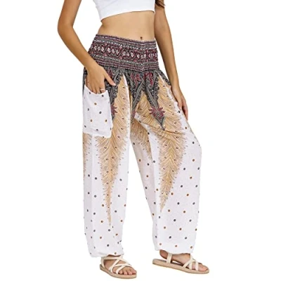 Abbildung von Lofbaz Damen Haremshose Yogahose Pumphose Hippie Hose Boho Kleidung Festival Outfit Sommerhose Leicht Sommer Hosen Peacock 1 Weiß M