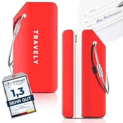 Abbildung von Travely Premium Kofferanhänger extra sichere und auffällige Anhänger für Dein Gepäck inklusive Namensschild 2er Set Rot
