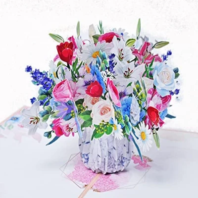 Abbildung von Favour Pop Up® 3D Vielfarbiger Blumenstrauß in eleganter Vase eine fröhliche Grusskarte für viele Anlässe TL089