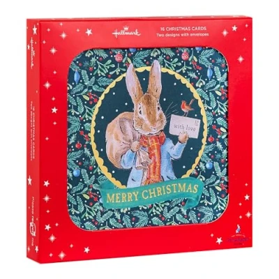 Abbildung von Hallmark Weihnachtskarte, Multipack Weihnachtskarten, 16 Stück, 2 Designs, Beatrix Potter, Peter Rabbit, mit Umschlägen