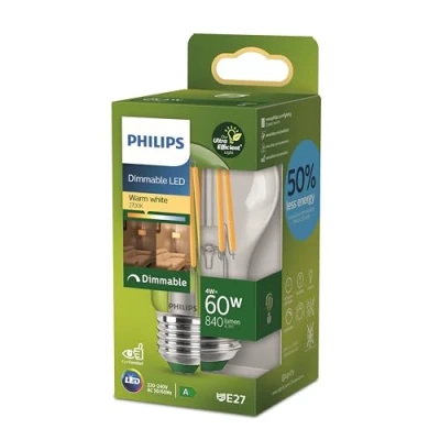 Abbildung von Philips Classic ultraeffiziente LED Lampe mit Energieeffizienzklasse A, ersetzt 60W, E27 Sockel, klar, warmweißes Licht (2700K), dimmbar, neue Generation