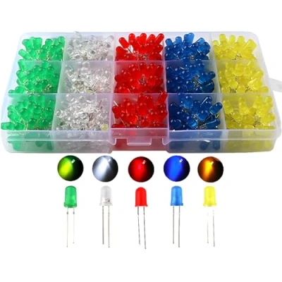 Abbildung von CESFONJER 500 PCS Led Leuchtdioden 5mm, Rund Farbe Dioden 5mm 2 poligen, (5 Farben x 100pcs), Sortiert Weiß/Rot/Gelb/Grün/Blau Kit Box Set