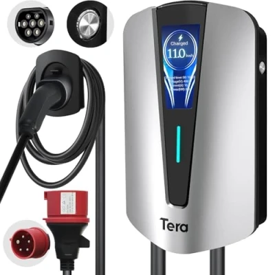 Abbildung von Tera EV Ladegerät typ 2 11kw Heim Ladestation Wallbox Ladekabel Elektroauto mit Kabelhalterung 3 Phasig CEE Stecker 16A 400V Kabel für Elektrofahrzeuge und PHEVs, Q8 Weiß