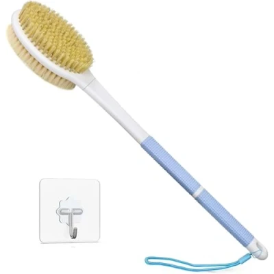 Abbildung von HORJOR Rückenbürste zum Duschen, Badebürste mit Langem Stiel 44cm Duschbürste Rücken, Körperbürste Naturborsten für Dusch Bürste Feuchten oder Trockenen Rücken