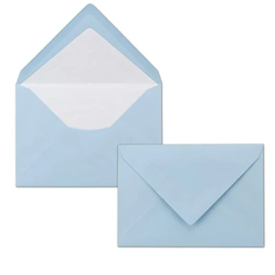 Abbildung von 50 Briefumschläge Hellblau DIN C6 gefüttert mit weißem Seidenpapier 80 g/m² 11,4 x 16,2 cm Nassklebung NEUSER PAPIER