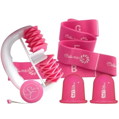 Abbildung von Stephanie Franck Beauty Cellulite Massagegeräte Set N2 mit 1 Massageroller My Body Shaper, 2 Silikon Schröpfgläser Cellu Shaper (5,5cm) + Yoga Band für eine straffe Haut (rosa)