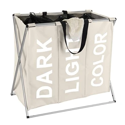 Abbildung von WENKO Wäschesammler Trio, Wäschekorb 3 Fächer, mit Tragegriffen, Aluminium Gestell, faltbar, 130 Liter Volumen, (B x H T): 63 57 38 cm, Beige
