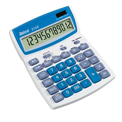 Abbildung von Rexel IB410161 Tischrechner 212X, Solar /Batteriebetrieb, Schwenkbares Display, 140 x 190 32 mm, Blisterpack, lichtgrau/blau