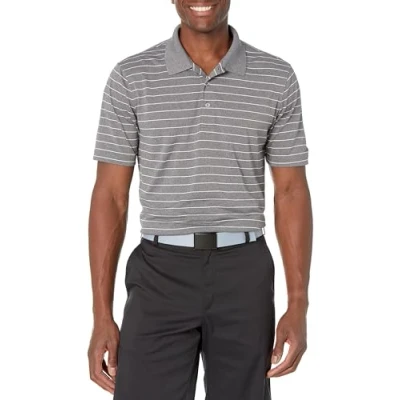 Abbildung von Amazon Essentials Herren Golf Polo Shirt, Schnell Trocknend, Normale Passform, Mittelgrau Meliert Weiß Streifen, M