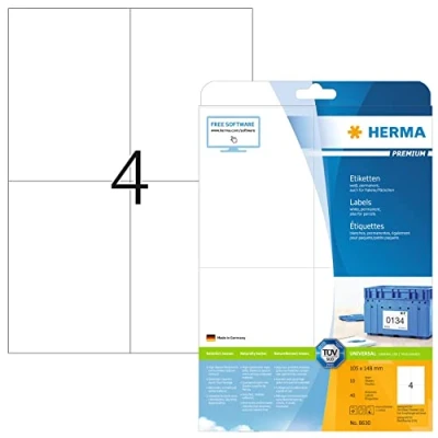 Abbildung von HERMA 8630 Versandetiketten, 10 Blatt, 105 x 148 mm, 4 pro A4 Bogen, 40 Stück, selbstklebend, bedruckbar, matt, blanko Papier Adressetiketten Aufkleber, weiß