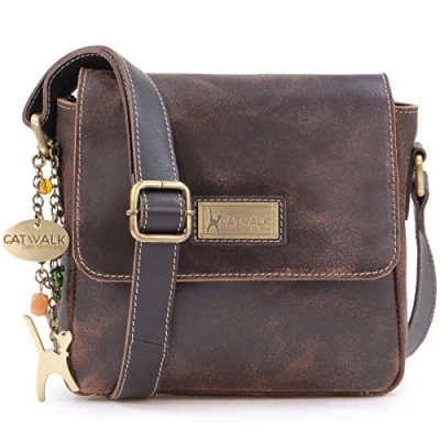 Abbildung von Catwalk Collection Handbags Damen Antik Leder Umhängetasche Crossbody Bag Klein Messenger Verstellbarer Schultergurt SABINE Braun