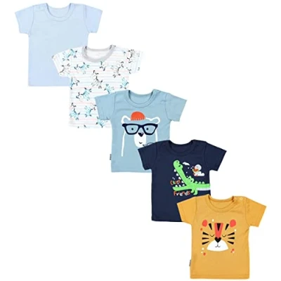 Abbildung von TupTam Baby Jungen Kurzarm T Shirt mit Aufdruck Unifarben Sterne Streifen 5er Set, Farbe: Krokodil Dunkelblau Tiger Senfgelb Zebra Blau, Größe: 104