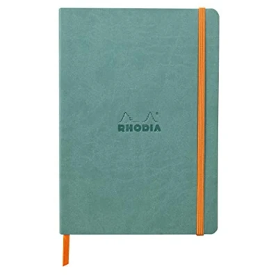 Abbildung von Rhodia 117443C Notizheft Softcover Rhodiarama DIN A5 (14,8x21 cm), 80 Blatt, liniert Clairefontaine Papier Elfenbein 90g Lesezeichen, Gummizugverschluss, Cover aus Kunstleder Aquablau, 1 Stück