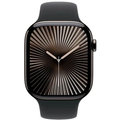 Abbildung von Apple Watch Series 10 (GPS + Cellular 46 mm) Smartwatch mit Titangehäuse in Schiefer und Sportarmband Schwarz (M/L). Fitnesstracker, EKG App, Always On Retina Display, Wasserschutz