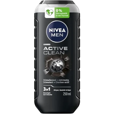 Abbildung von NIVEA MEN Active Clean Duschgel (250 ml), pH hautneutrale Pflegedusche mit maskulinem Duft, Männer Aktivkohle für Körper, Gesicht und Haar